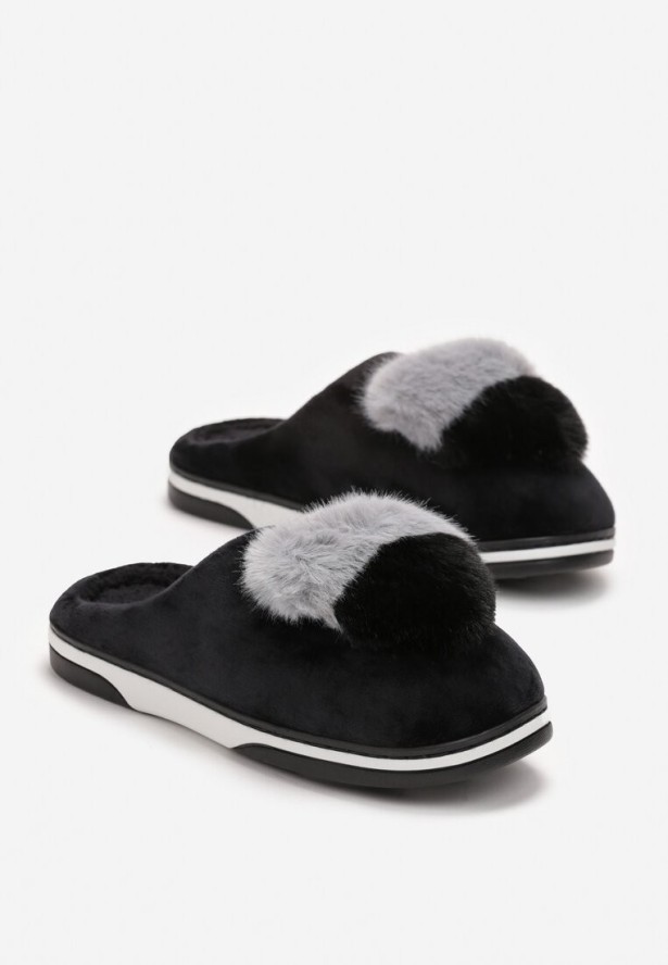 Czarne Kapcie z Pomponem w Kształcie Serduszka z Futerka Rafima