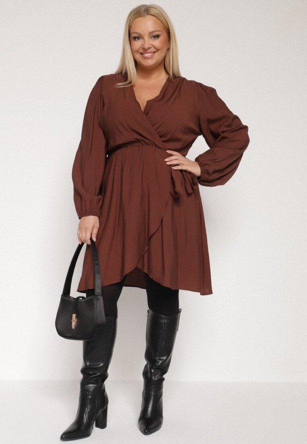 Brązowa Kopertowa Sukienka z Wiskozą z Wiązaniem w Pasie Vidila