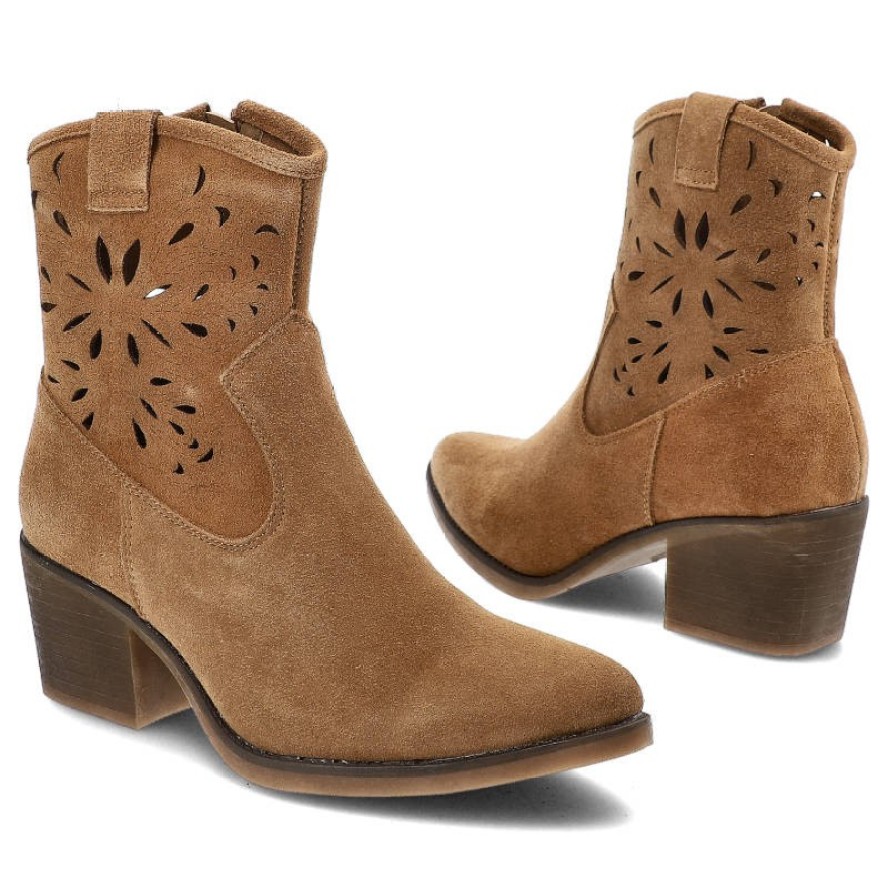 Brązowe Botki S.Barski Modne Skórzane Kowbojki Damskie