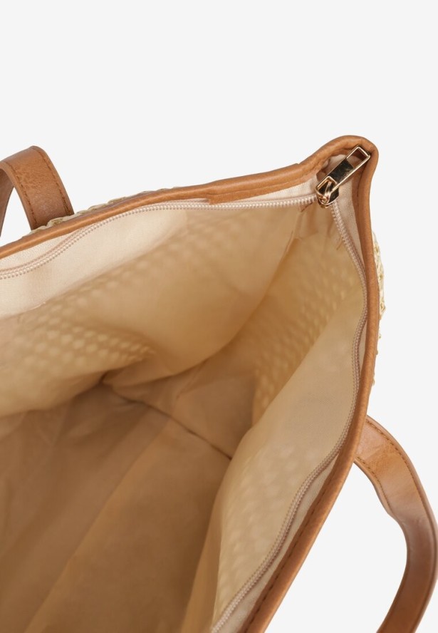 Beżowa Torebka Shopperka Ozdobiona Plecionką Felarienna