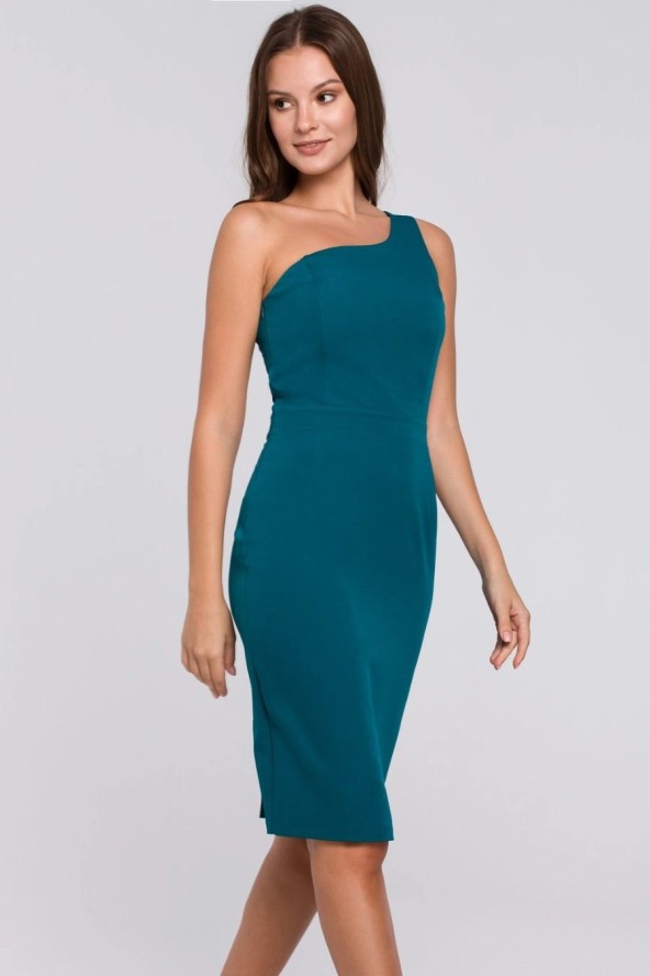 Elegancka sukienka na jedno ramię ołówkowa morska