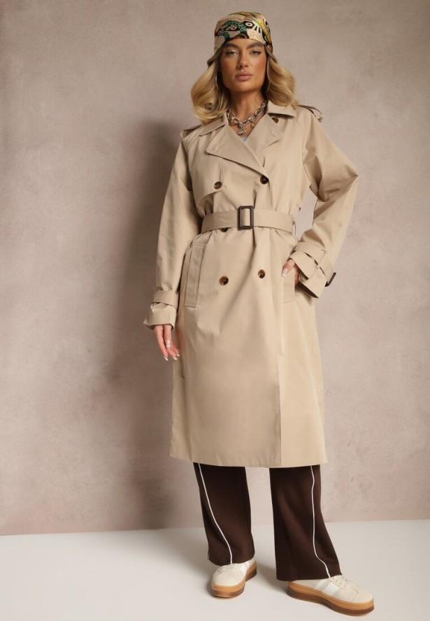 Beżowy Płaszcz Trencz Dwurzędowy z Paskiem Lene