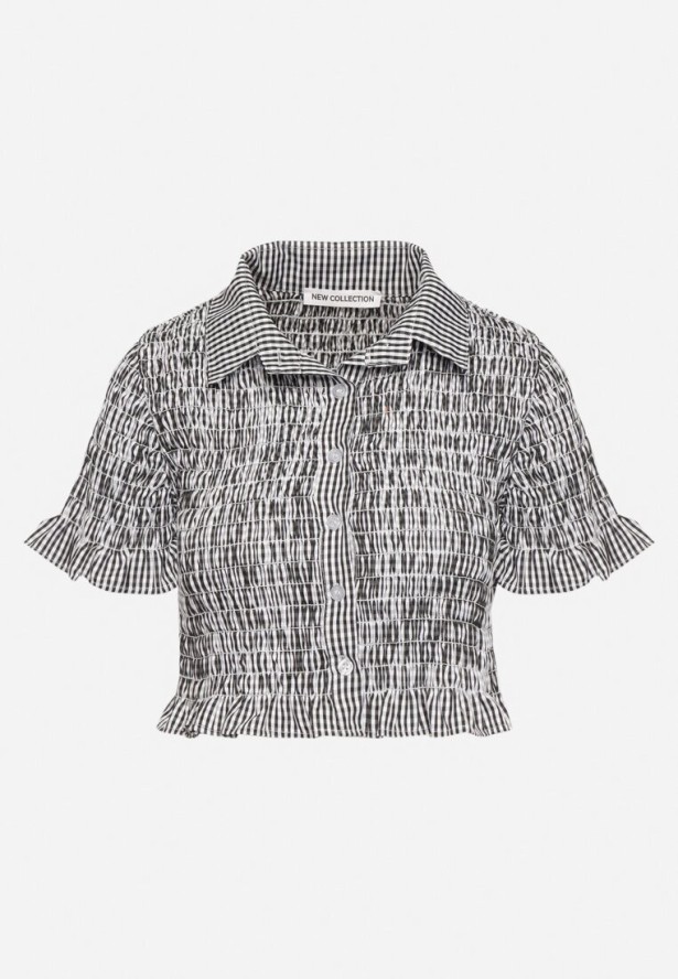 Czarna Elastyczna Koszula w Kratkę Vichy o Krótkim Kroju Sovzeri