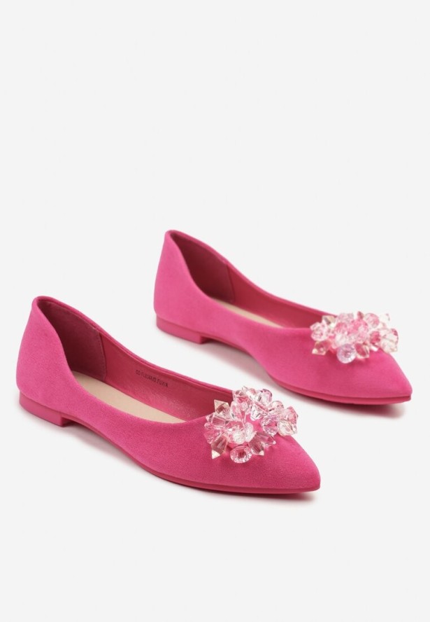 Fuksjowe Balerinki ze Skórzaną Wkładką Ozdobione Kryształkami Vevola