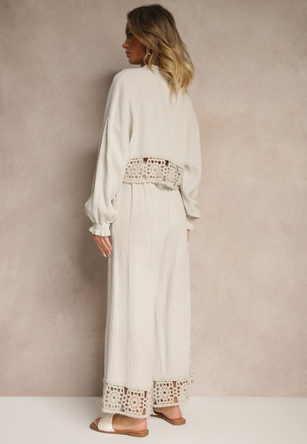 Beżowy Komplet z Bawełny z Ażurowymi Wstawkami Bluzka i Spodnie Paladorea