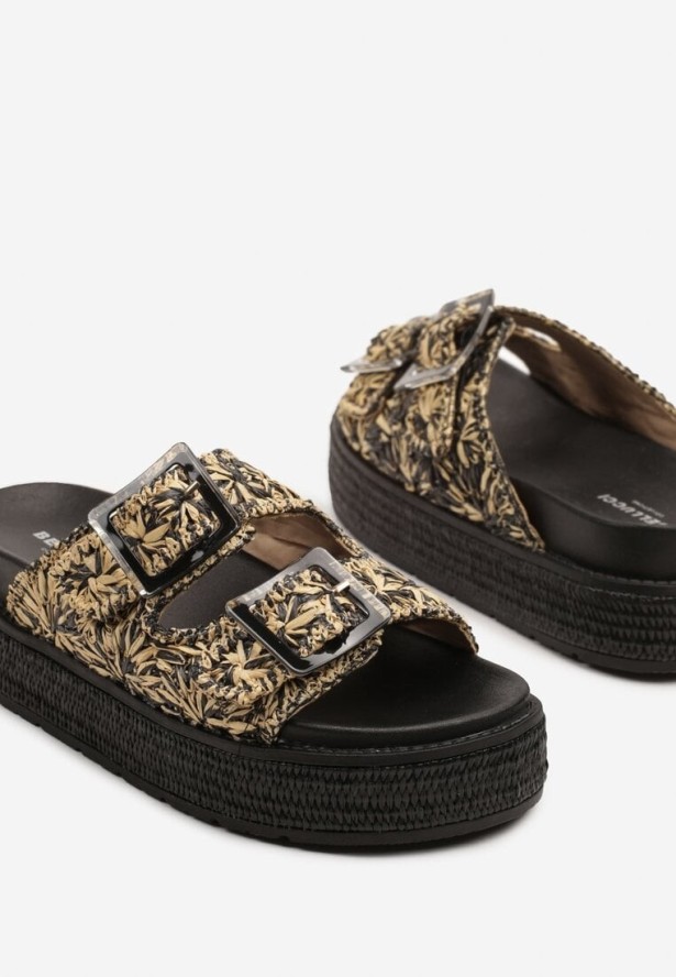 Czarne Klapki na Grubej Podeszwie Ozdobione Plecionką i Klamrami Ronella