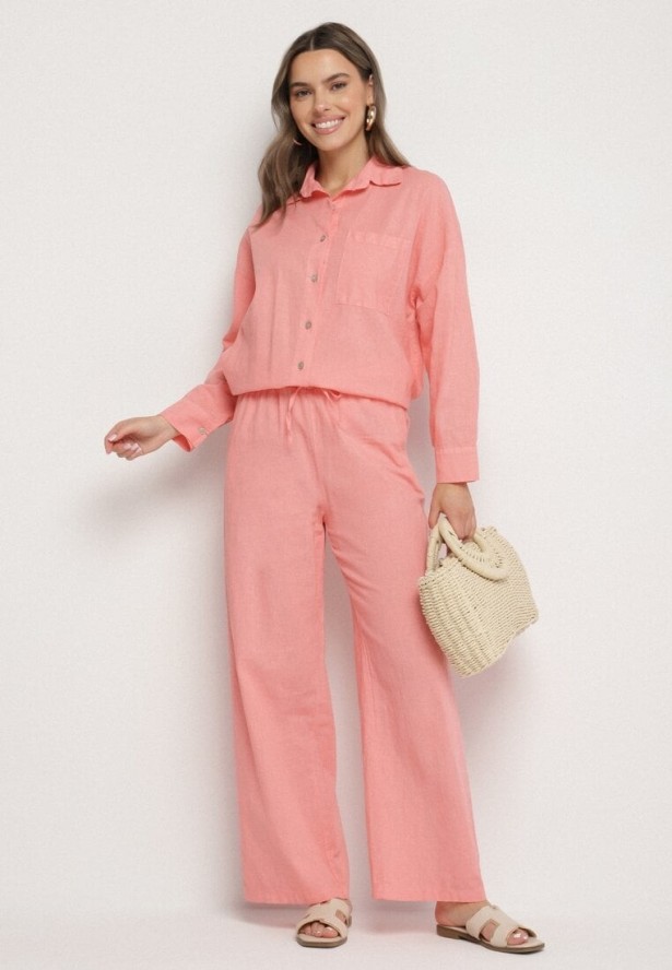 Jasnoróżowy Komplet z Lnu i Bawełny Koszula i Szerokie Spodnie Fenelli