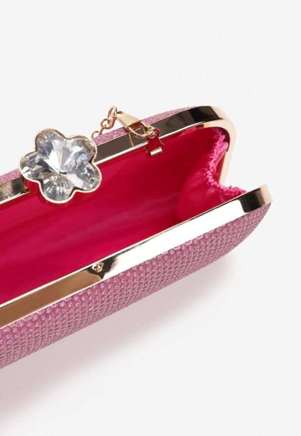 Ciemnoróżowa Brokatowa Torebka Kopertówka z Ozdobnym Zatrzaskiem i Łańcuszkiem Ridia