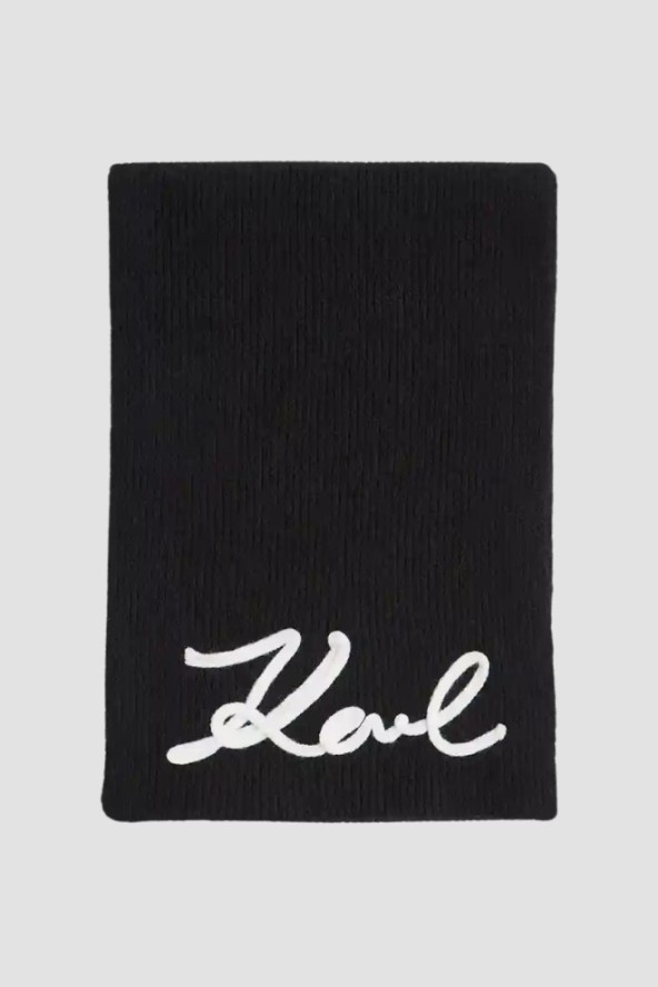KARL LAGERFELD Czarny szalik damski Logo Signature z domieszką wełny