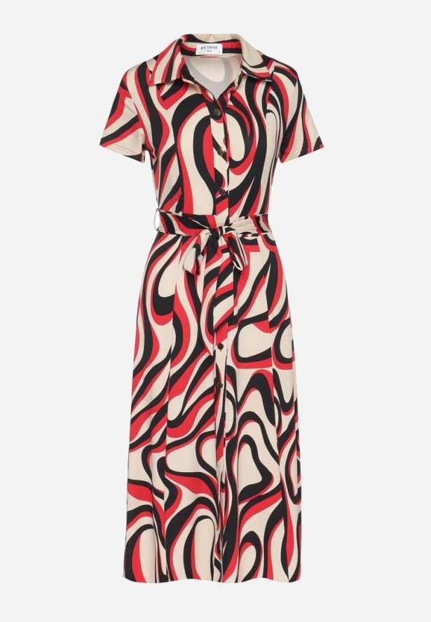 Czerwona Sukienka Koszulowa w Geometryczny Wzór z Paskiem Zimorae