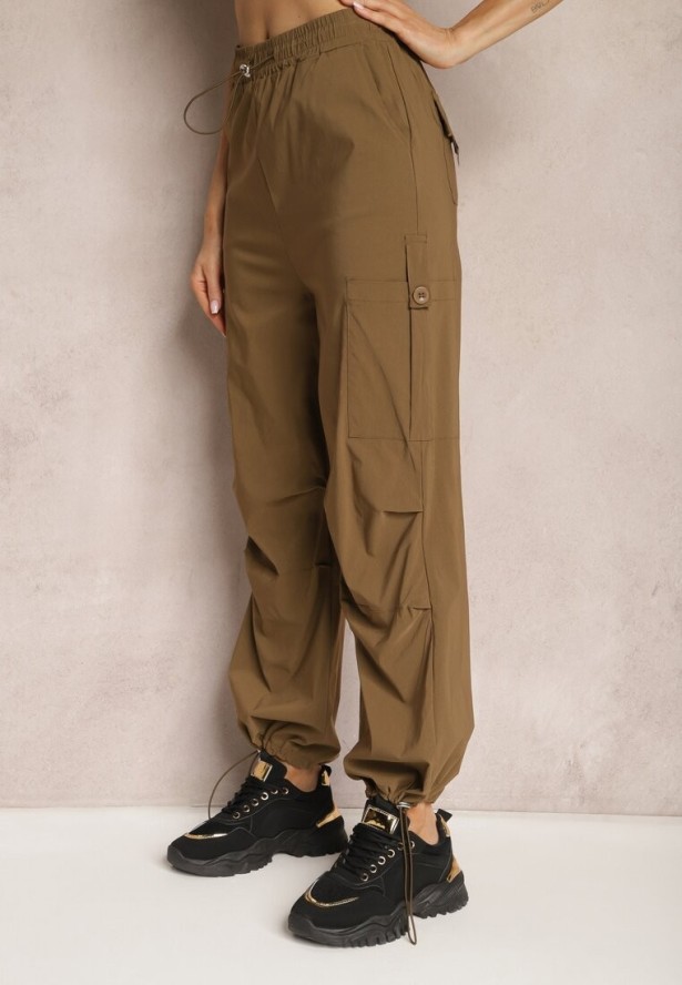 Brązowe Szerokie Spodnie High Waist w Stylu Bojówek Wykończone Gumką w Talii Ellcara