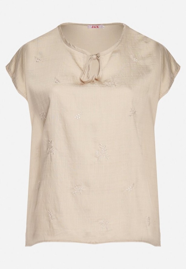 Beżowa Bluzka z Haftem i Sznurkiem Przy Dekolcie Mepaya