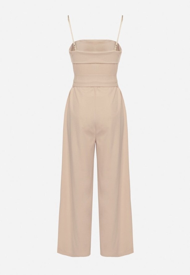 Beżowy Kombinezon Ozdobiony Paskiem z Szerokimi Nogawkami Deolise