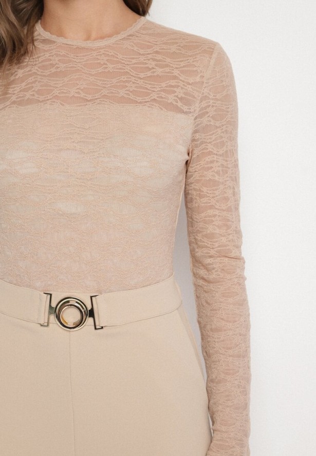 Jasnobeżowy Koronkowy Kombinezon z Wiskozą z Szerokimi Nogawkami Ninarena