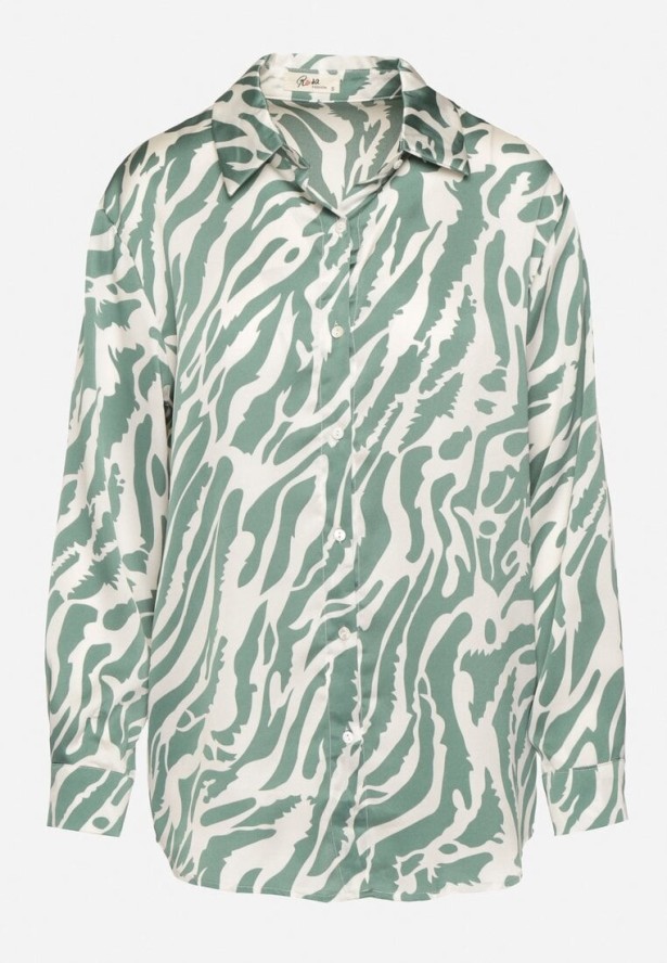 Zielono-Biała Koszula z Dłuższym Tyłem w Abstrakcyjny Wzór Nilhiris