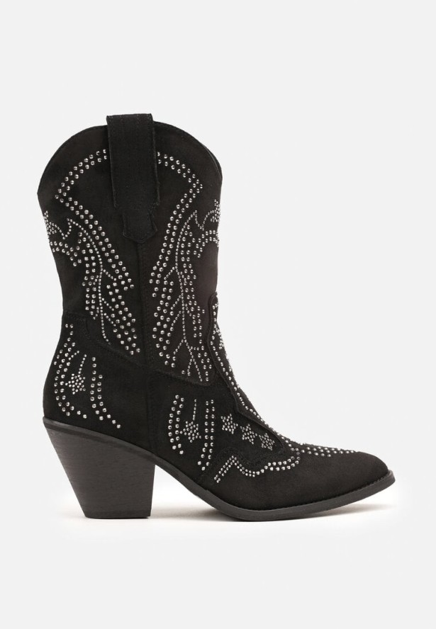 Czarne Botki Typu Kowbojki na Obcasie Ozdobione Cyrkoniami Rilionea