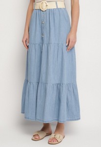 Niebieska Bawełniana Spódnica Jeansowa Rozkloszowana z Paskiem i Ozdobnymi Guzikami Natenelia