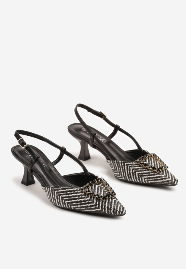 Czarne Eleganckie Sandały na Obcasie Typu Kaczuszka z Aplikacją Eleadella