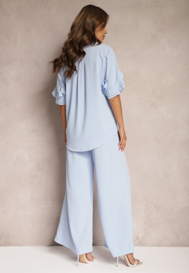 Niebieski Komplet Szerokie Spodnie i Koszula z Falbanami Rivathins