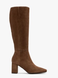 Brązowe kozaki ze skóry welurowej na słupkowym obcasie