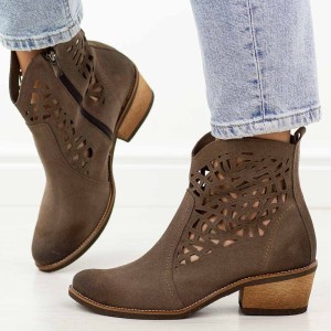 Taupe skórzane Polskie botki damskie, kowbojki ażurowe na obcasie Deoni Ko-07B
