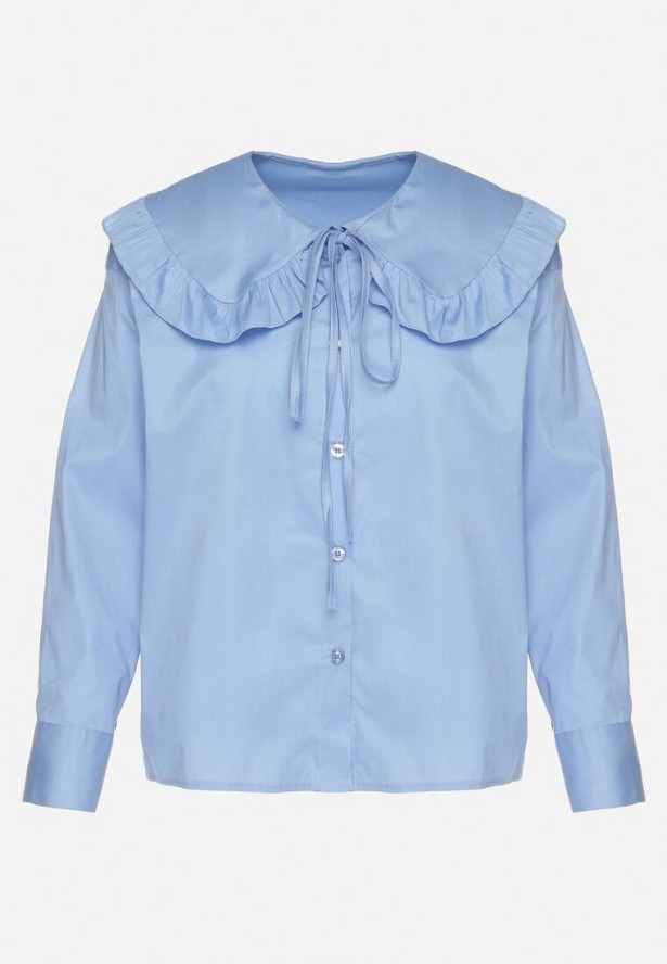 Niebieska Bawełniana Koszula Retro z Ozdobnym Kołnierzykiem i Wiązaniem Ravselina