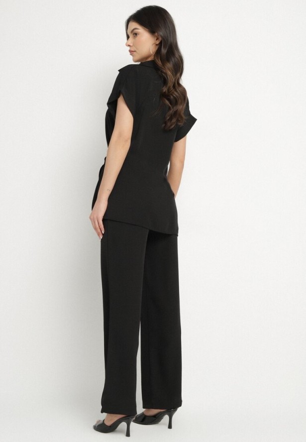 Czarny Komplet Koszula z Asymetrycznym Wiązaniem i Szerokie Spodnie Filivara