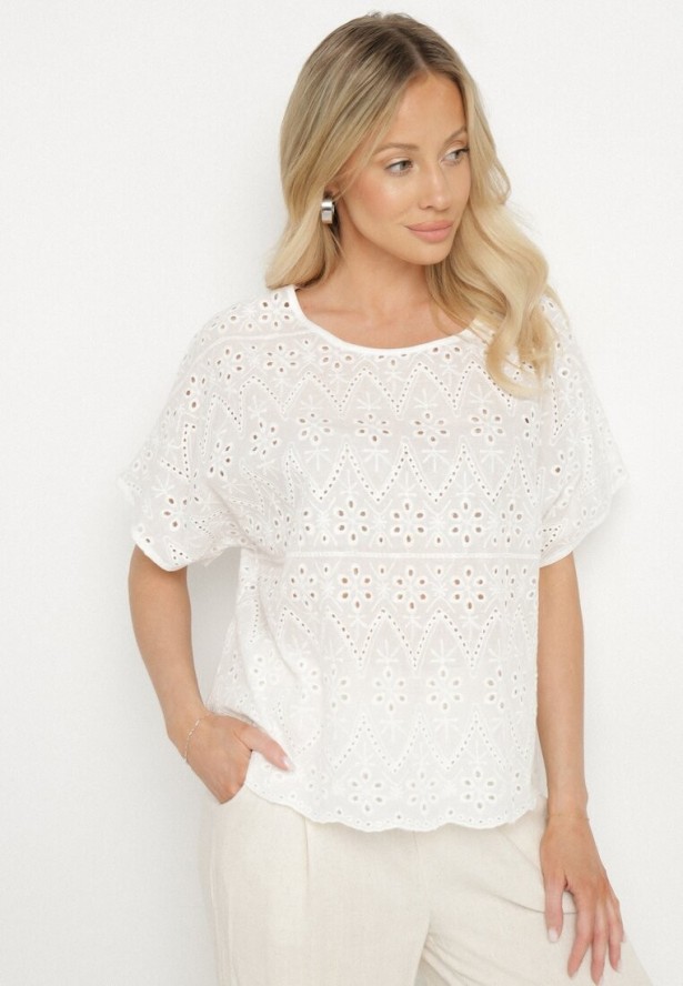 Biała Ażurowa Bluzka z Bawełny Volleira