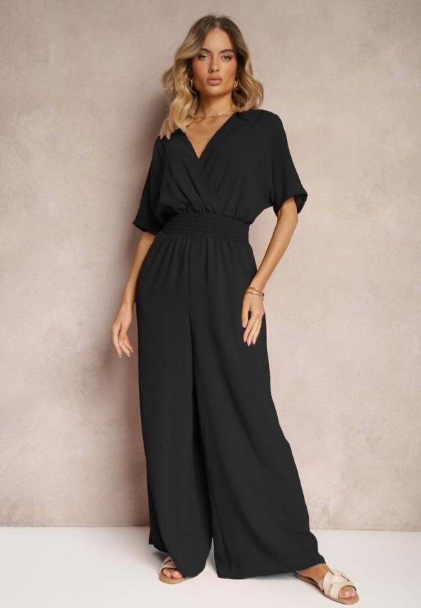 Czarny Taliowany Kombinezon z Zakładkowym Dekoltem i Gumką w Pasie Vimalynna