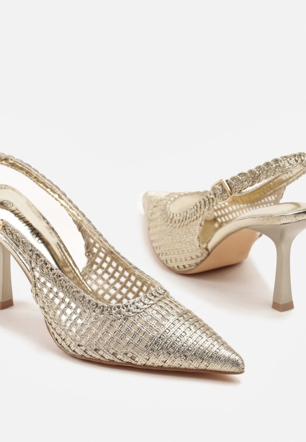 Złote Sandały Szpilki Bez Pięty z Plecioną Cholewką Merovaria