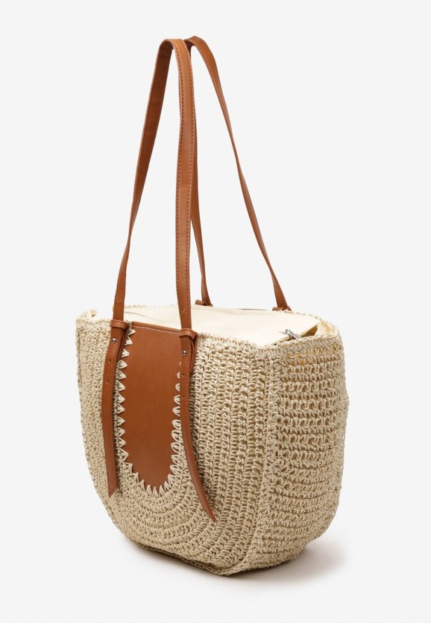 Jasnobeżowa Jednokomorowa Torebka z Plecionej Rafii w Stylu Boho Idarkia