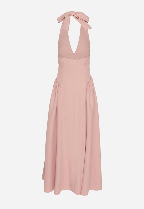 Różowa Sukienka o Rozkloszowanym Kroju z Wiązanym Dekoltem Halter Senicea