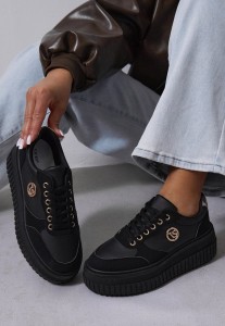 Czarne Sneakersy Vices na Platformie z Tłoczeniem Ozdobione Metaliczną Aplikacją Eriri