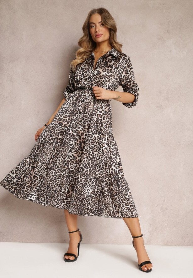 Brązowa Sukienka w Panterkę z Paskiem Antibrote