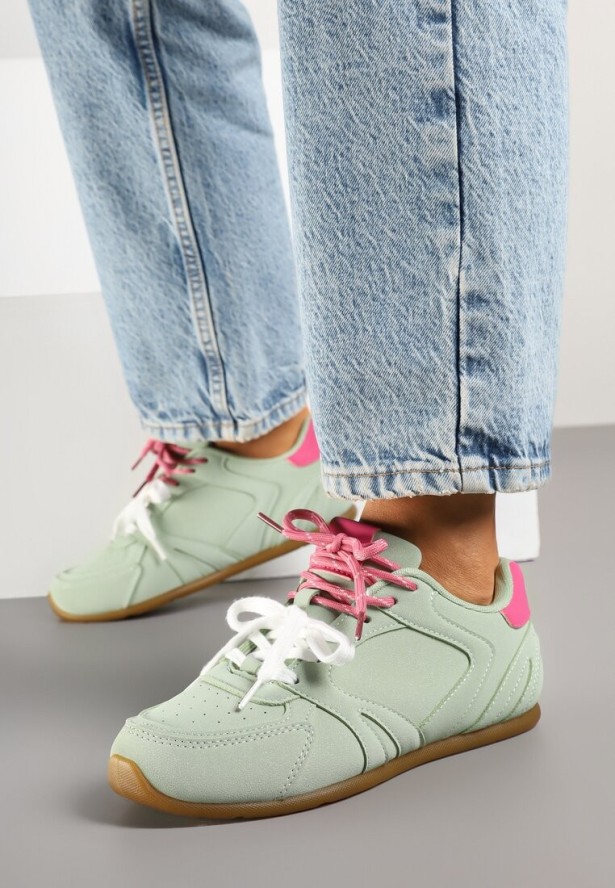 Jasnozielone Sneakersy Ozdobione Przeszyciami i Podwójnym Sznurowaniem Telisaria