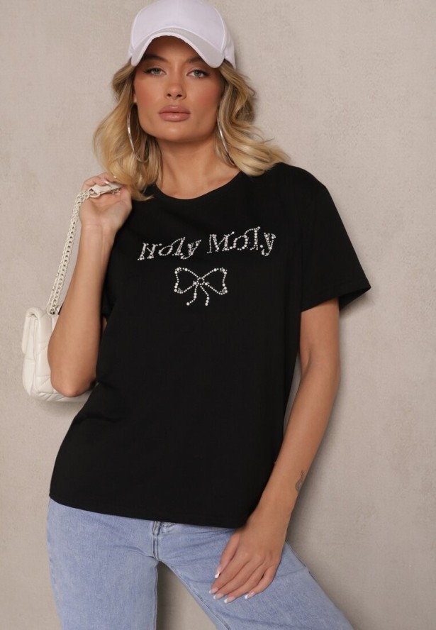 Czarna Bluzka z Bawełny Ozdobiona Kokardą i Napisem Nelanal