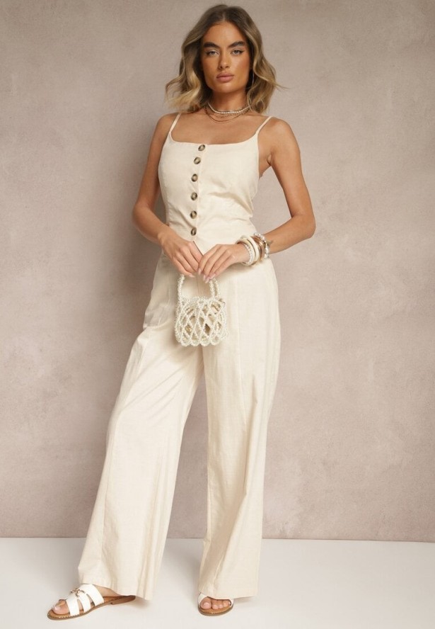 Beżowe Spodnie z Bawełną i Wiskozą o Szerokim Kroju z Imitacją Kieszeni Divlene