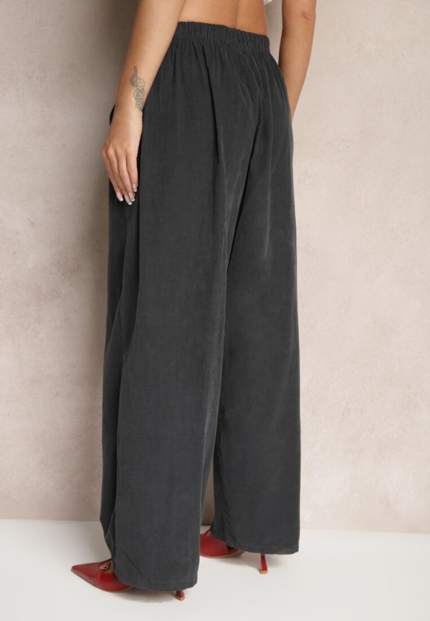 Ciemnoszare Bawełniane Spodnie High Waist o Szerokim Kroju Velili
