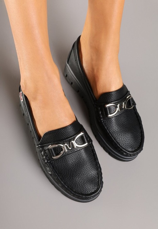 Czarne Mokasyny ze Skórzaną Wkładką i Ozdobną Klamrą Senalena