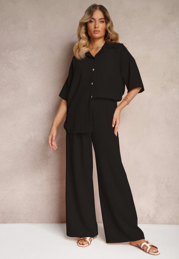 Czarny 2-Częściowy Komplet Koszula z Krótkim Rękawem Spodnie z Gumką w Pasie Vimacia