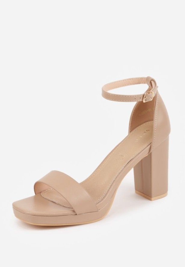 Ciemnobeżowe Sandały VICES na Słupkowym Obcasie ze Skórzaną Wkładką Azimera