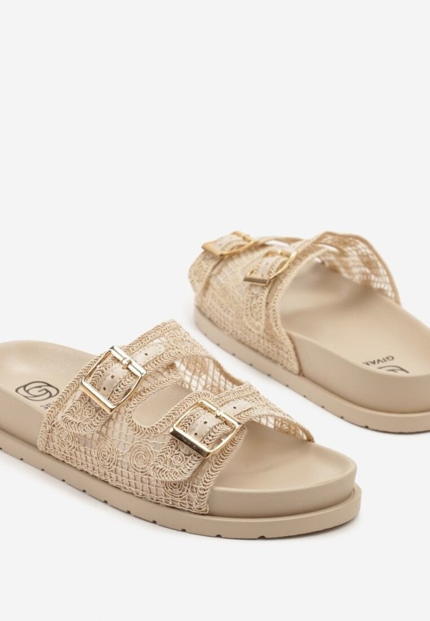 Beżowe Klapki z Klamerkami i Paskiem z Ozdobnej Siateczki Efrise