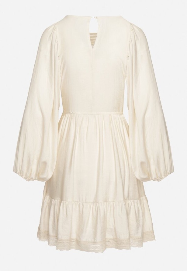 Jasnobeżowa Sukienka Boho z Ażurową Górą i Bufiastymi Rękawkami Delankia