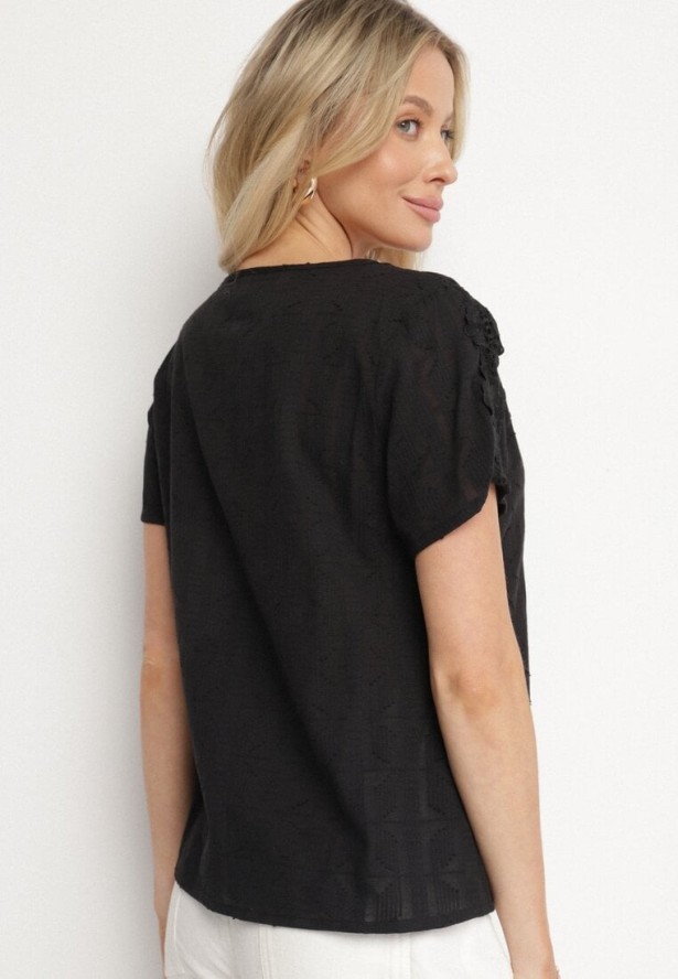 Czarna Bawełniana Bluzka z Koronkowymi Wstawkami Amoette