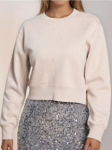 Krótka bluza crewneck z cyrkoniami - beżowy