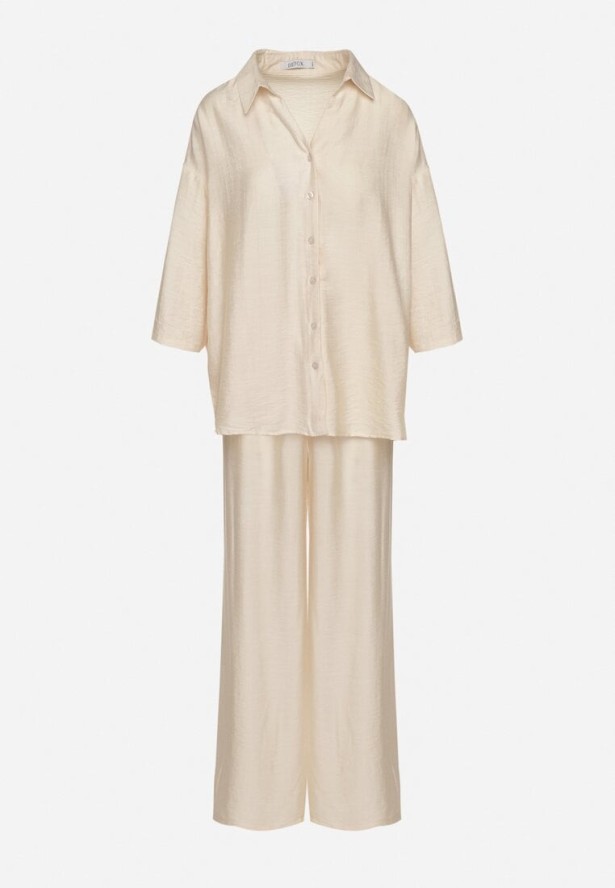Jasnobeżowy Komplet z Wiskozy Koszula z Podpinanymi Rękawami i Szerokie Spodnie Dormoi