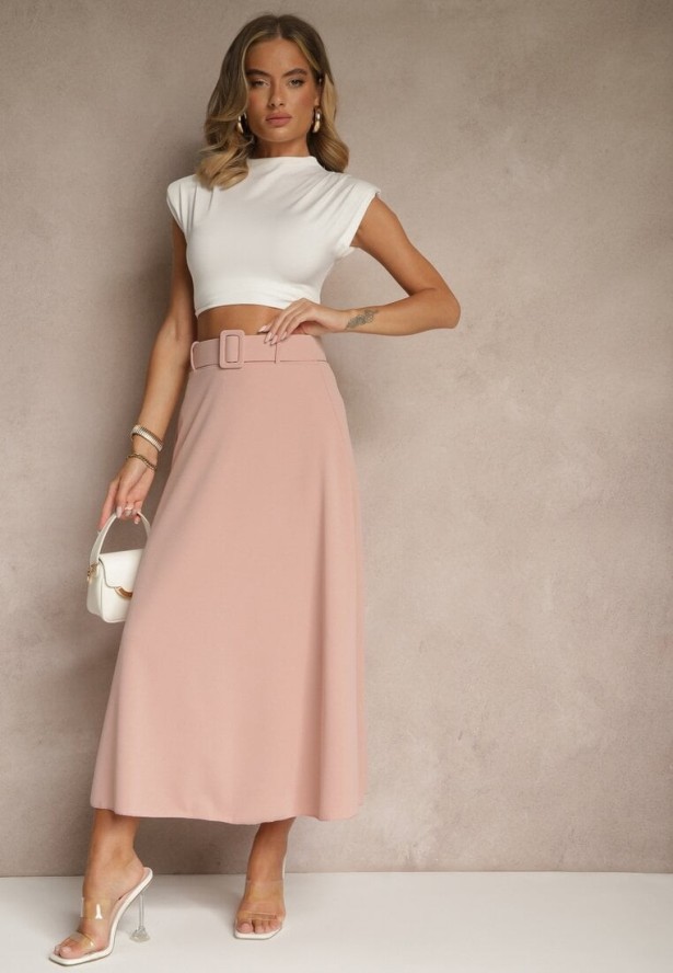 Różowa Rozkloszowana Spódnica Maxi z Paskiem i Klamrą Adlirca