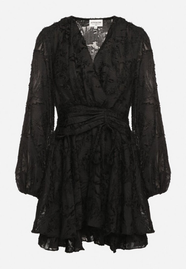 Czarna Sukienka z Ozdobnymi Niteczkami i Marszczeniem Forenamia