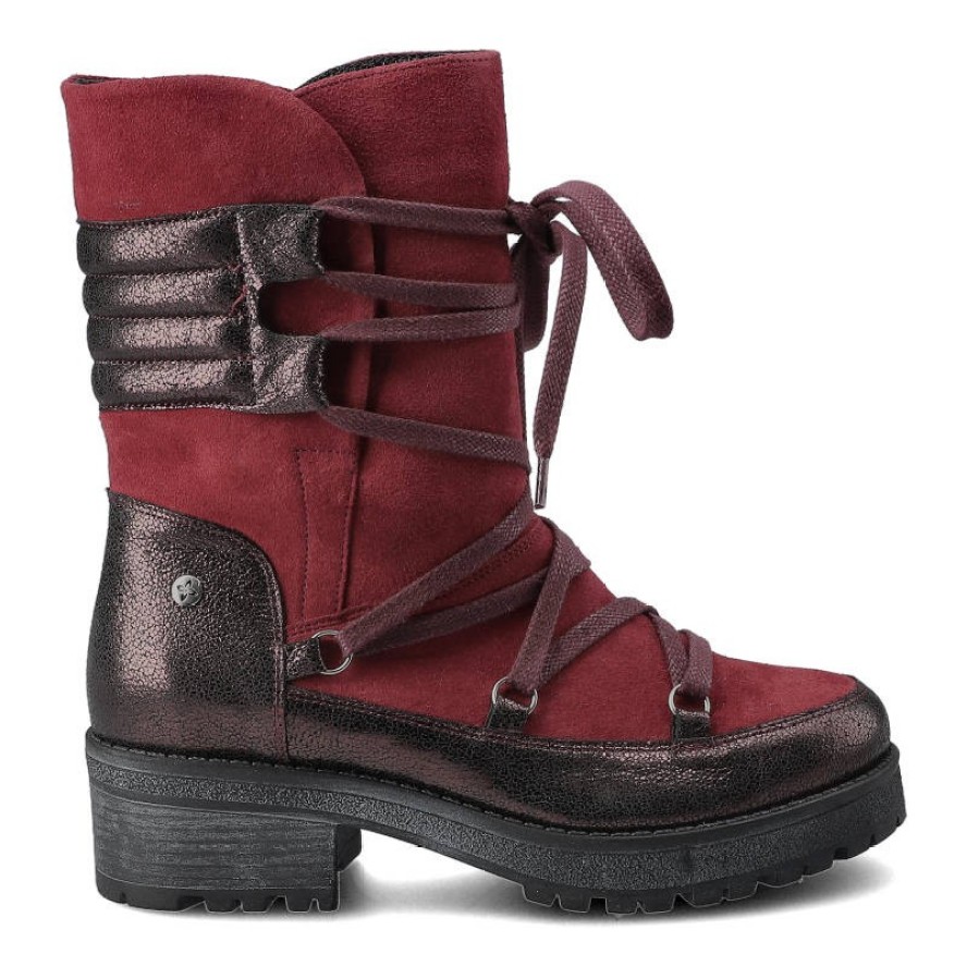 Botki damskie Maciejka, skóra licowa łączona z zamszem wiązane sznurowadłami z wnętrzem wyściełanym ciepłym miękkim futerkiem i z antypoślizgową pode