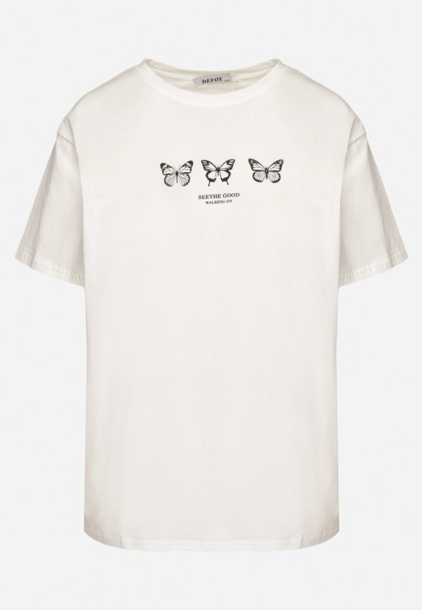 Biała Bluzka Bawełniana Oversize z Krótkim Rękawem i Aplikacją z Motylami Lornil